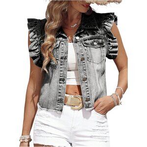 Women’s  Plain Light Grey SOLY HUX Denim Jacket Ruffle Cap Sleeve Cropped Trendy